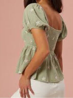 Smocked Altar’d State Peplum Puff Sleeve Top - Sage Green Floral Spring Ruffle